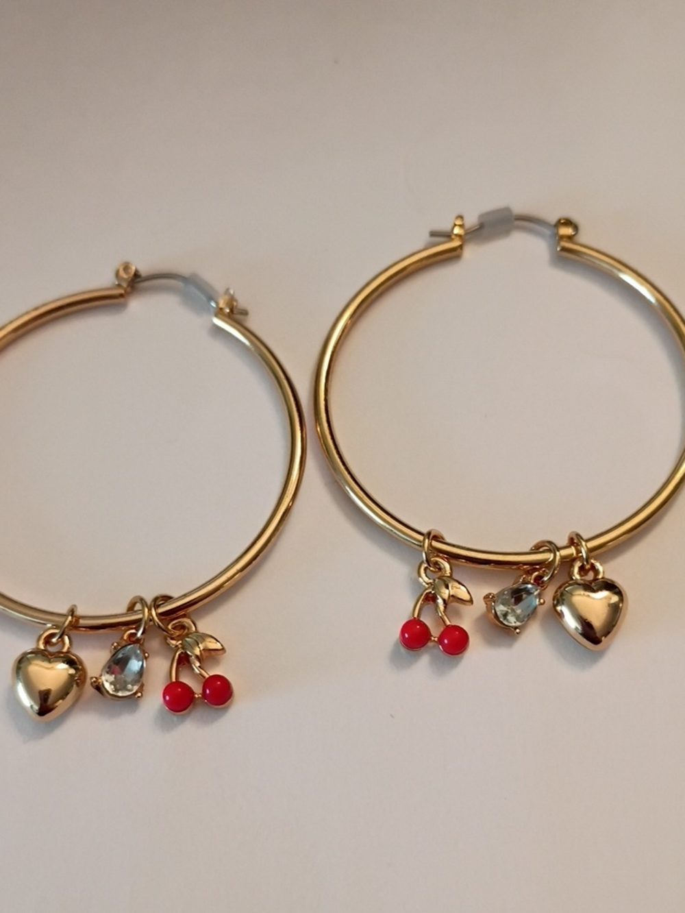 Sale Gold Hoop Earrings with Cherry, Heart & Crystal Charms